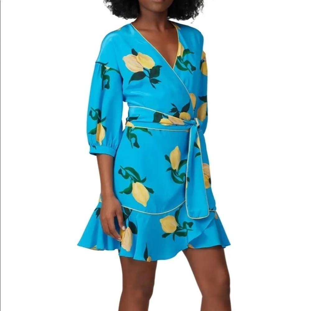 CHINTI + Parker blue silk lemon print 3/4 sleeve wrap dress